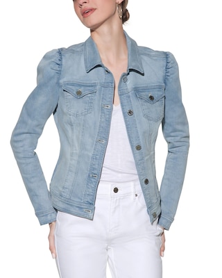 Denim jacket puff shoulders hotsell
